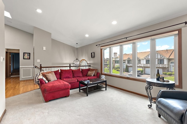 9254 Windsor Pkwy, Tinley Park, IL 60487 - carpeted living area with vaulted ceiling, a chandelier, recessed lighting, and baseboards