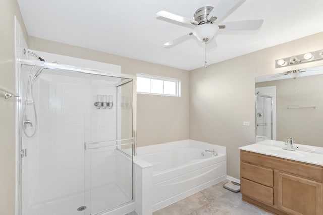 646 S Curran Rd, Round Lake, IL 60073 - full bath featuring a bath, a stall shower, ceiling fan, and vanity