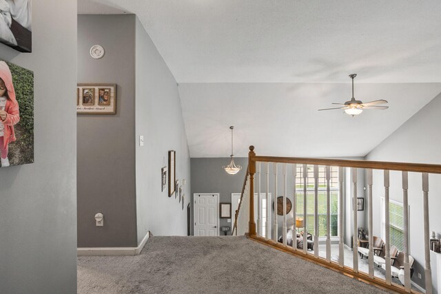 713 Sedgegrass Dr, Champaign, IL 61822 - hallway featuring carpet flooring, an upstairs landing, and high vaulted ceiling