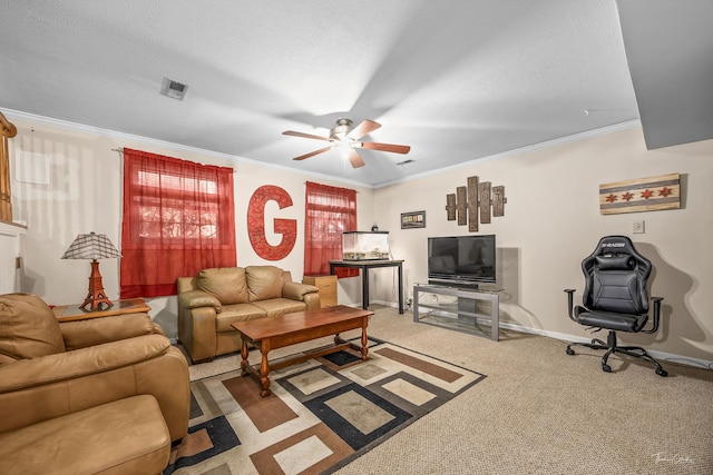20005 S Mallory Dr, Frankfort, IL 60423 - living room with a ceiling fan, ornamental molding, carpet flooring, baseboards, and a textured ceiling