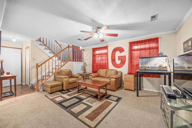 20005 S Mallory Dr, Frankfort, IL 60423 - carpeted living area featuring stairs, ceiling fan, ornamental molding, baseboards, and a textured ceiling