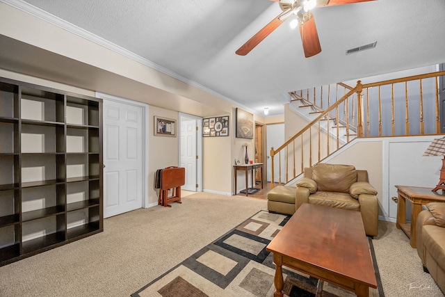 20005 S Mallory Dr, Frankfort, IL 60423 - carpeted living room featuring ceiling fan, ornamental molding, stairway, and baseboards