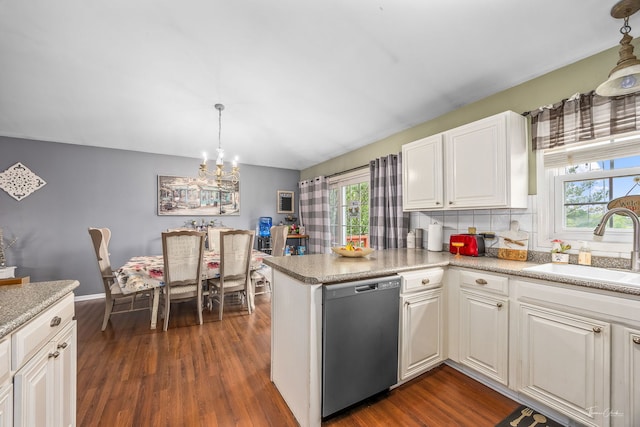 20005 S Mallory Dr, Frankfort, IL 60423 - kitchen featuring dishwasher, a sink, a chandelier, and dark wood-style floors