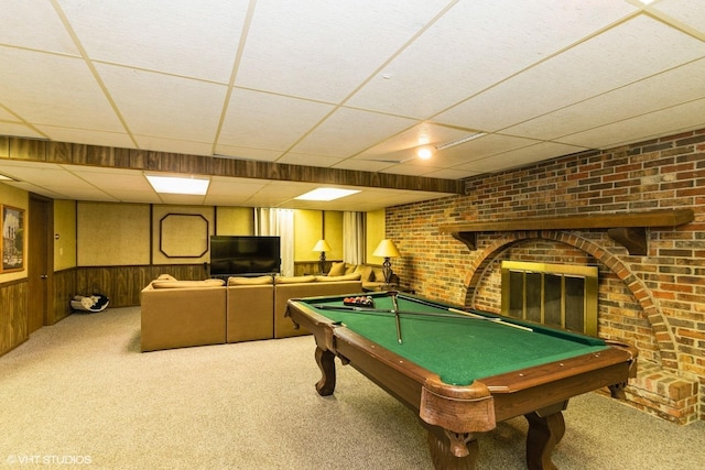 43389 N Oakcrest Ln N, Zion, IL 60099 - recreation room with carpet floors, a paneled ceiling, billiards, wainscoting, and wood walls