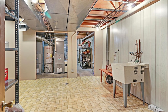 43389 N Oakcrest Ln N, Zion, IL 60099 - unfinished below grade area featuring gas water heater, wood walls, and heating unit