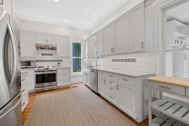 641 Michigan Ave, Evanston, IL 60202 - kitchen with appliances with stainless steel finishes, a sink, backsplash, under cabinet range hood, and ornamental molding