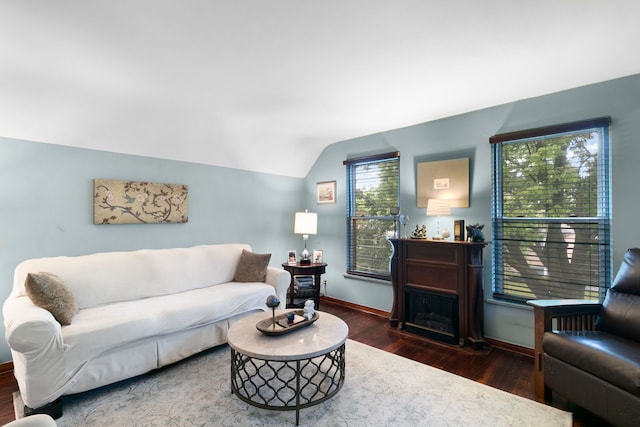 96 E Quincy St, Riverside, IL 60546 - living room with vaulted ceiling, wood finished floors, baseboards, and a fireplace