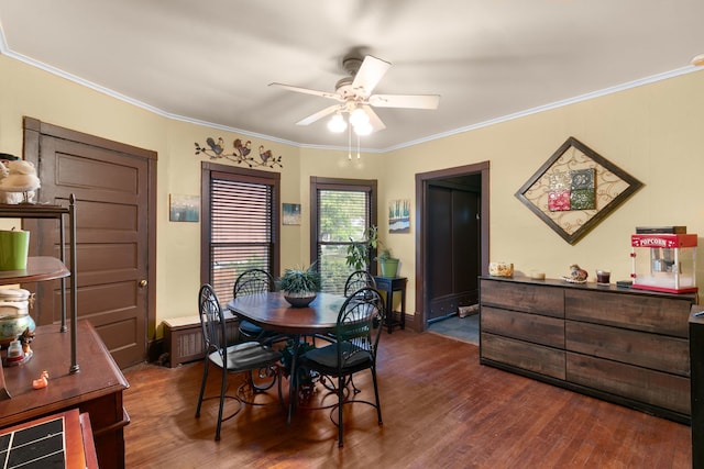 96 E Quincy St, Riverside, IL 60546 - dining space featuring ceiling fan, dark wood-style floors, and crown molding