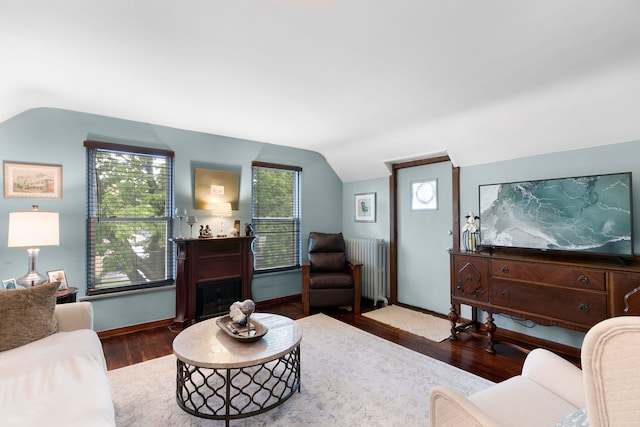 96 E Quincy St, Riverside, IL 60546 - living room featuring vaulted ceiling, radiator heating unit, wood finished floors, a fireplace, and baseboards
