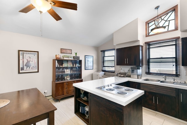 96 E Quincy St, Riverside, IL 60546 - kitchen featuring light countertops, a sink, vaulted ceiling, electric stovetop, and dark brown cabinets