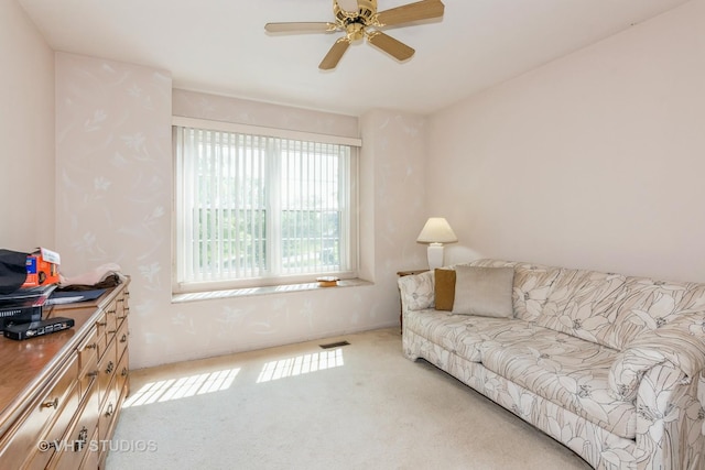 241 Old Oak Ct W, Buffalo Grove, IL 60089 - living room with light colored carpet and a ceiling fan