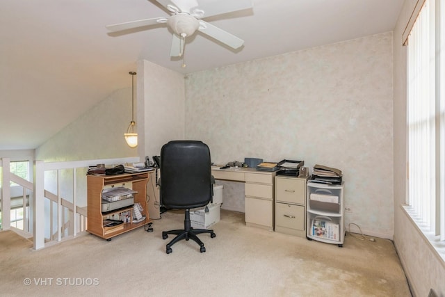 241 Old Oak Ct W, Buffalo Grove, IL 60089 - home office featuring light colored carpet, lofted ceiling, and a ceiling fan