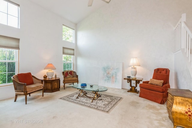 241 Old Oak Ct W, Buffalo Grove, IL 60089 - living area featuring high vaulted ceiling, carpet floors, and ceiling fan