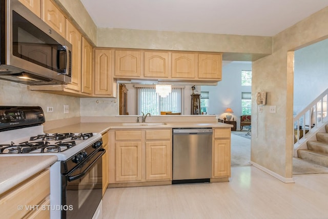 241 Old Oak Ct W, Buffalo Grove, IL 60089 - kitchen featuring appliances with stainless steel finishes, light brown cabinets, a sink, light countertops, and light wood-type flooring