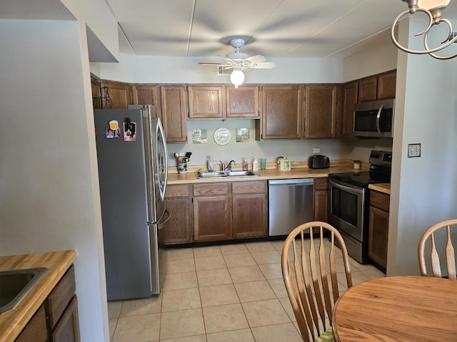 9906 Shady Ln Unit 1Sw, Orland Park, IL 60462 - kitchen with appliances with stainless steel finishes, a sink, ceiling fan, light countertops, and light tile patterned flooring