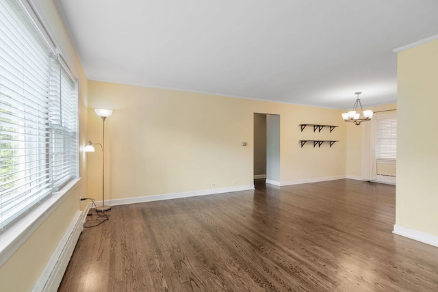 1412 Hinman Ave Unit 2W, Evanston, IL 60201 - unfurnished living room with a chandelier, dark wood-type flooring, baseboard heating, and crown molding