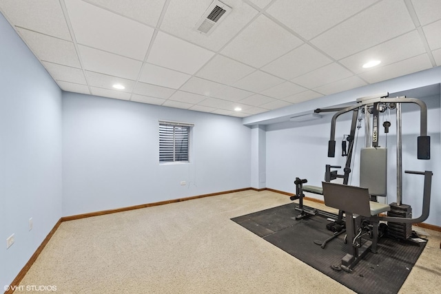 2631 Saltmeadow Rd, Naperville, IL 60564 - exercise room featuring baseboards, carpet flooring, a paneled ceiling, and recessed lighting