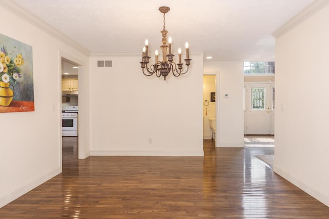 2004 Withers Ln, Bloomington, IL 61704 - unfurnished dining area with a chandelier, dark wood-type flooring, ornamental molding, and recessed lighting