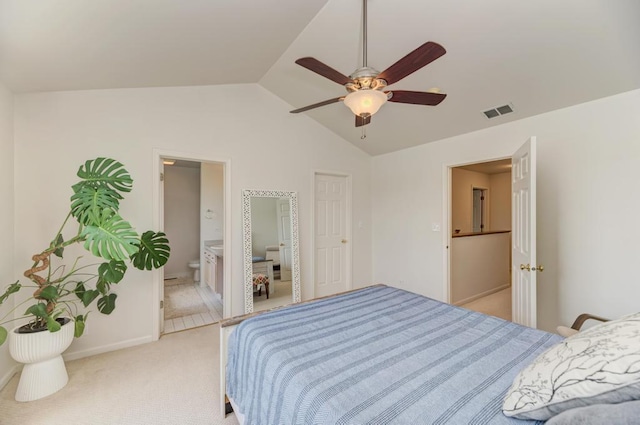1924 Golden Gate Ln, Naperville, IL 60563 - bedroom featuring vaulted ceiling, light carpet, baseboards, ceiling fan, and connected bathroom