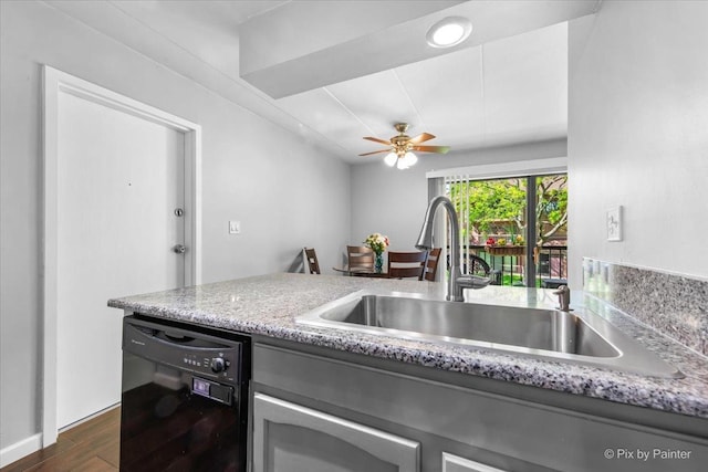 210 E Fountainview Ln Unit 2B, Lombard, IL 60148 - kitchen with dishwasher, a sink, dark wood finished floors, light stone countertops, and ceiling fan