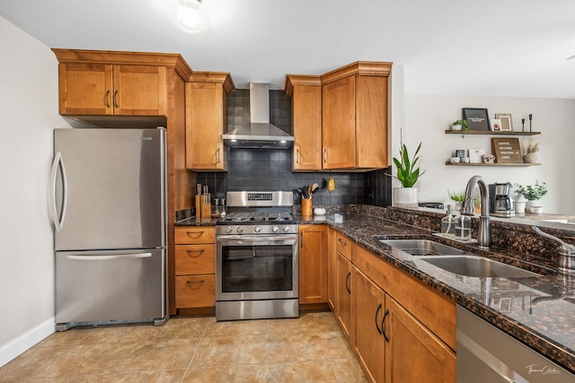27W314 Melrose Ln, Winfield, IL 60190 - kitchen with stainless steel appliances, wall chimney exhaust hood, a sink, brown cabinets, and open shelves