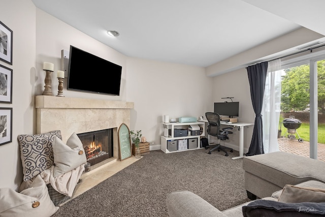 27W314 Melrose Ln, Winfield, IL 60190 - living area with a tiled fireplace, an office area, baseboards, and carpet