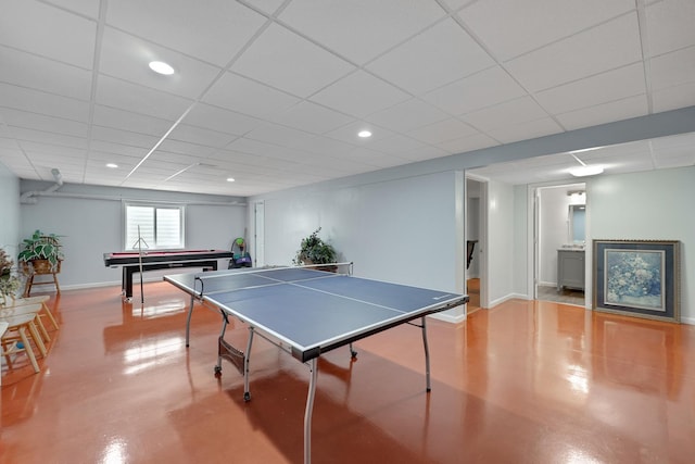 1565 Stefanie Ln, Bourbonnais, IL 60914 - rec room featuring finished concrete floors, pool table, recessed lighting, baseboards, and a drop ceiling