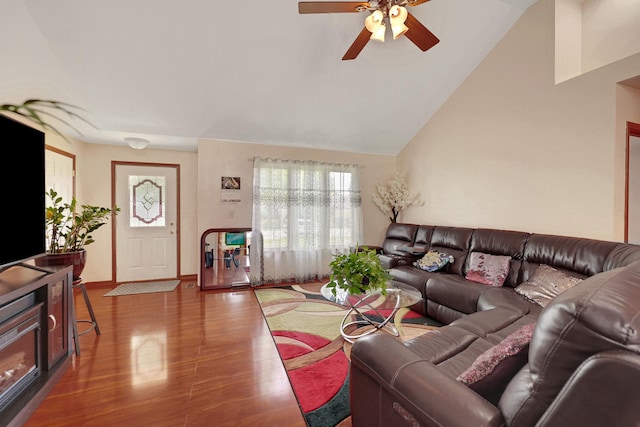 1565 Stefanie Ln, Bourbonnais, IL 60914 - living room featuring ceiling fan, wood finished floors, vaulted ceiling, and baseboards