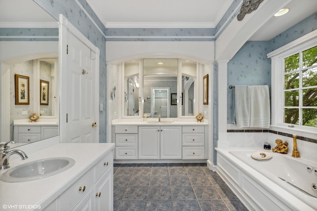 289 S S Shore Ln, Lake Forest, IL 60045 - full bath featuring two vanities, a garden tub, and ornamental molding