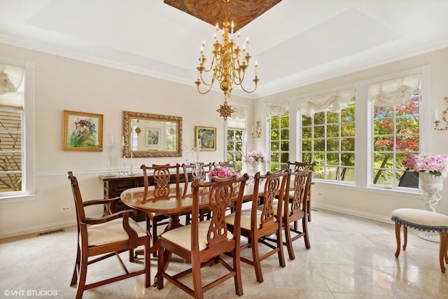 289 S S Shore Ln, Lake Forest, IL 60045 - dining room with a chandelier, a raised ceiling, crown molding, and baseboards