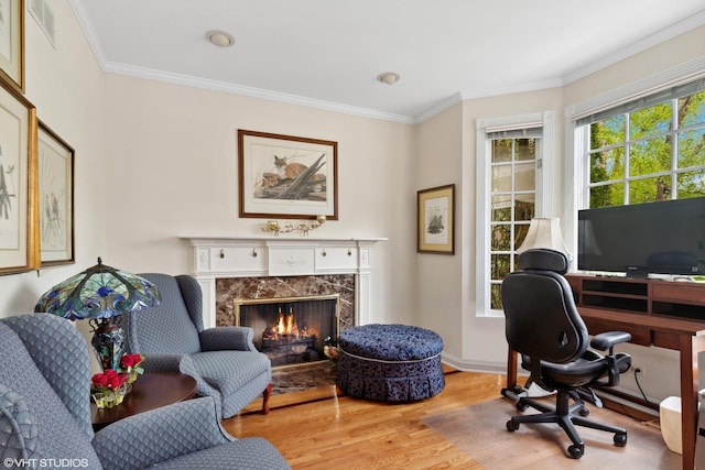 289 S S Shore Ln, Lake Forest, IL 60045 - office area with wood finished floors, crown molding, a fireplace, and baseboards