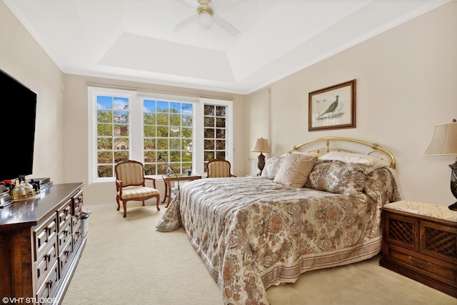 289 S S Shore Ln, Lake Forest, IL 60045 - bedroom featuring light colored carpet, a raised ceiling, a ceiling fan, and crown molding