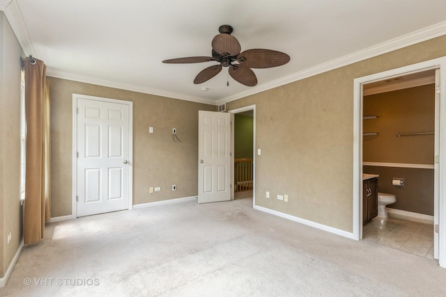1418 W Split Oak Cir Unit 1418, Round Lake Beach, IL 60073 - unfurnished bedroom with carpet, ensuite bathroom, baseboards, crown molding, and ceiling fan