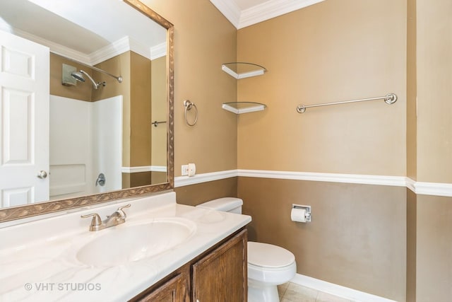 1418 W Split Oak Cir Unit 1418, Round Lake Beach, IL 60073 - full bathroom featuring toilet, vanity, ornamental molding, a shower, and tile patterned floors