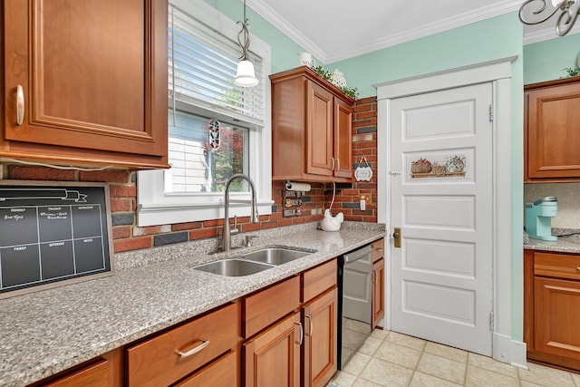 810 Glenwood Ave, Joliet, IL 60435 - kitchen with a sink, ornamental molding, dishwashing machine, tasteful backsplash, and brown cabinets