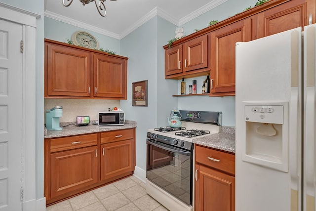 810 Glenwood Ave, Joliet, IL 60435 - kitchen with white refrigerator with ice dispenser, range with gas stovetop, black microwave, brown cabinets, and ornamental molding