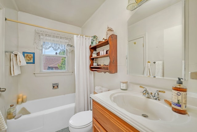 810 Glenwood Ave, Joliet, IL 60435 - full bathroom featuring toilet, vanity, shower / bathtub combination with curtain, and crown molding