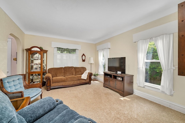 810 Glenwood Ave, Joliet, IL 60435 - living room with light colored carpet, arched walkways, and baseboards