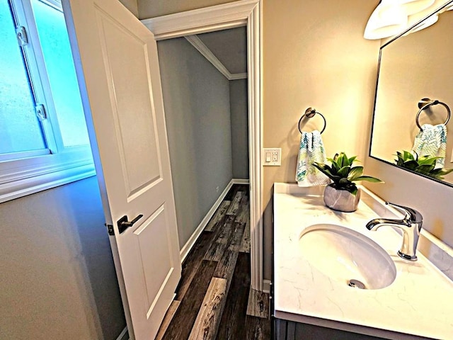 36586 N Traer Ter, Gurnee, IL 60031 - bathroom featuring vanity, wood finished floors, and ornamental molding