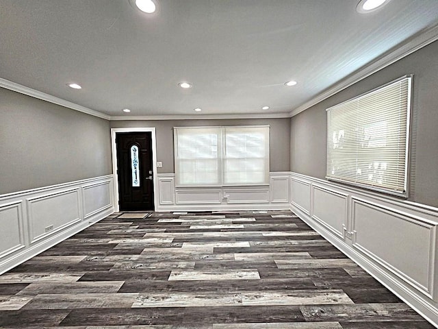 36586 N Traer Ter, Gurnee, IL 60031 - entryway featuring crown molding, recessed lighting, dark wood-style flooring, and wainscoting