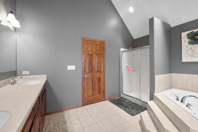 373 W Joliet Hwy, New Lenox, IL 60451 - bathroom featuring a garden tub, a shower stall, high vaulted ceiling, double vanity, and tile patterned flooring
