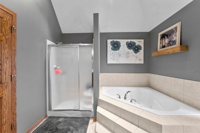 373 W Joliet Hwy, New Lenox, IL 60451 - bathroom with a stall shower, a jetted tub, tile patterned floors, and vaulted ceiling