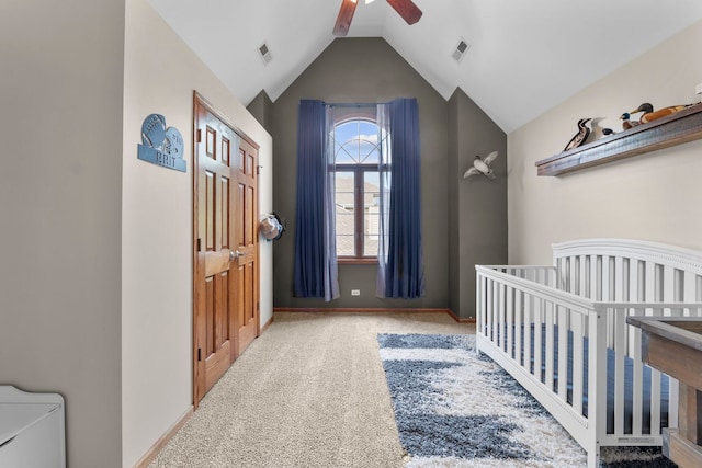 373 W Joliet Hwy, New Lenox, IL 60451 - carpeted bedroom featuring a crib, vaulted ceiling, and ceiling fan