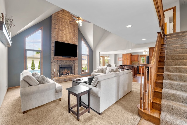 373 W Joliet Hwy, New Lenox, IL 60451 - living room featuring light carpet, ceiling fan, stairs, a fireplace, and recessed lighting