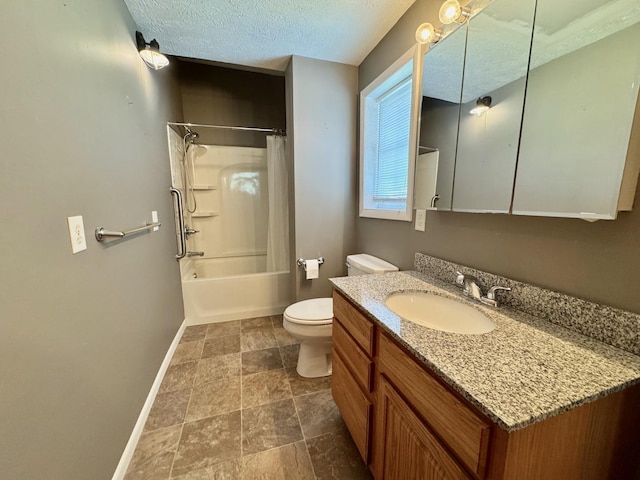 1303 W Locust St, Bloomington, IL 61701 - bathroom featuring toilet, baseboards, vanity, shower / tub combo, and a textured ceiling