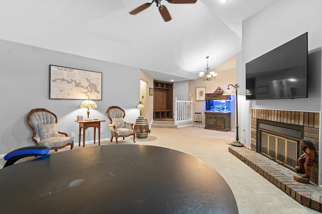7260 S Adams St Unit C, Willowbrook, IL 60527 - living room with carpet floors, a brick fireplace, a ceiling fan, and baseboards