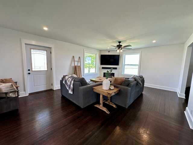 2034 Gittleson Rd, Rochelle, IL 61068 - living area featuring a ceiling fan, plenty of natural light, dark wood-type flooring, baseboards, and recessed lighting