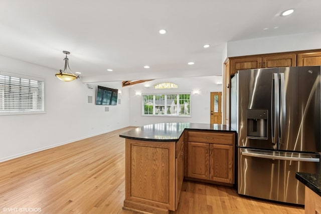 914 Meadowcrest Rd, La Grange Park, IL 60526 - kitchen with stainless steel fridge with ice dispenser, a peninsula, light wood-style flooring, brown cabinets, and recessed lighting