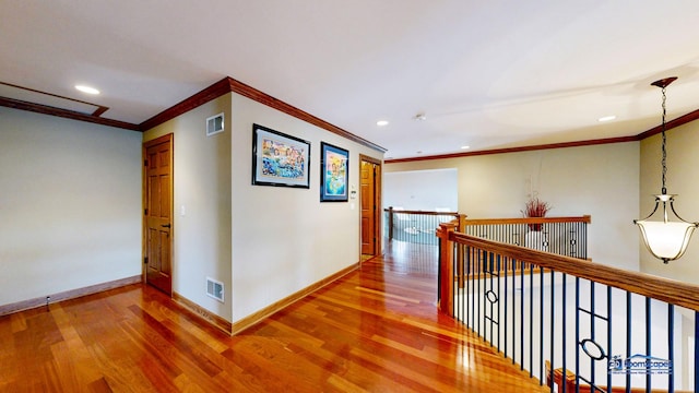 1535 S Douglas Ave, Arlington Heights, IL 60005 - hallway featuring ornamental molding, wood finished floors, recessed lighting, and an upstairs landing