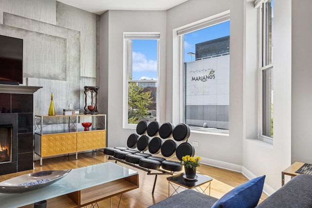 612 W Barry Ave Unit 3, Chicago, IL 60657 - living room featuring wood finished floors, a tile fireplace, and plenty of natural light